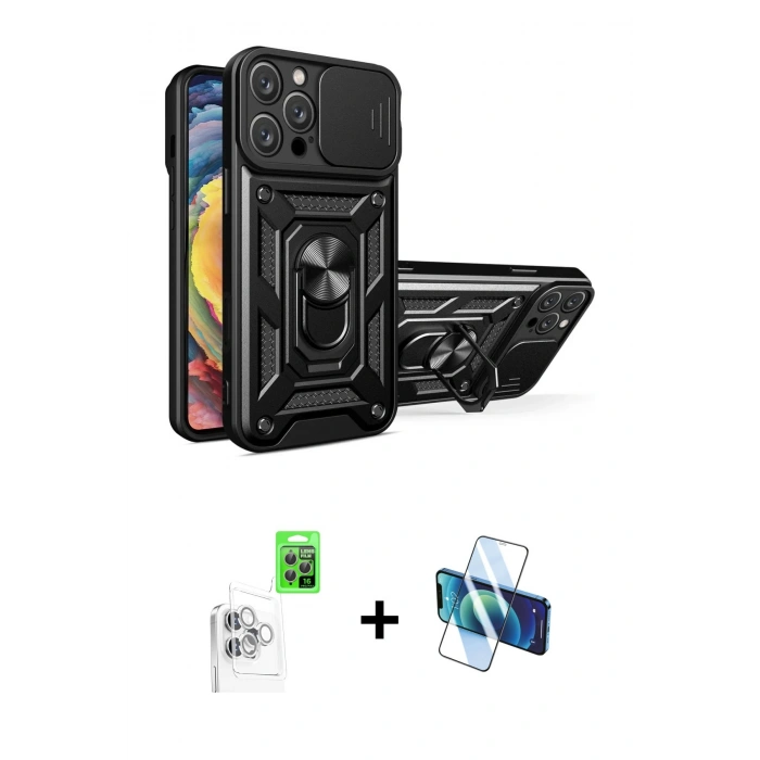 MARSİLYAN™- iPhone 16 Pro Max Kılıf Ahenk Klasik - Siyah 3D Antistatik Seramik Nano Ekran Koruyucu + Raze Metal Kamera Lens - BZ