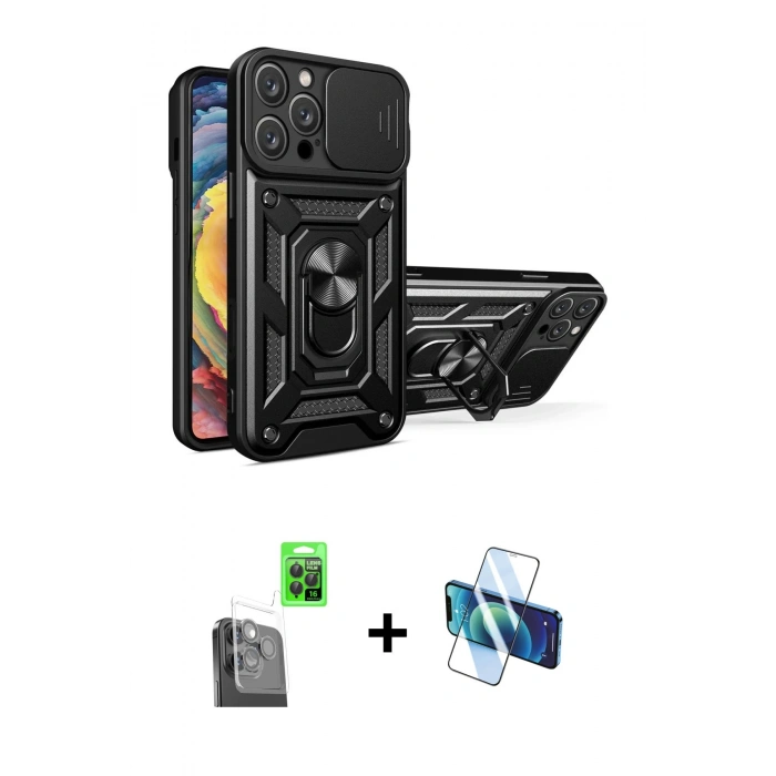 MARSİLYAN™- iPhone 16 Pro Max Kılıf Ahenk Klasik - Siyah 3D Antistatik Seramik Nano Ekran Koruyucu + Raze Metal Kamera Lens - SH