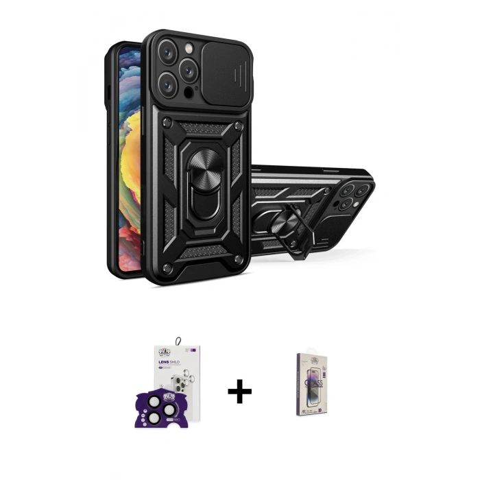 MARSİLYAN™- iPhone 16 Pro Max Kılıf Ahenk Klasik - Siyah Bilvis 3D Cam Ekran Koruyucu + Bilvis Titan Kamera Lens - SH