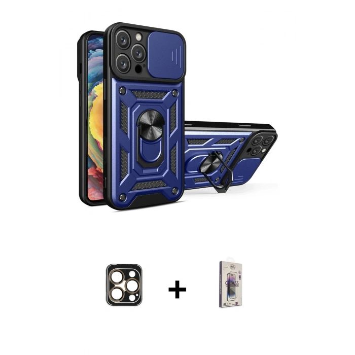 MARSİLYAN™- iPhone 16 Pro Max Kılıf Ahenk Klasik - Siyah Bilvis 3D Cam Ekran Koruyucu + PVD Metal Kamera Lens - GD