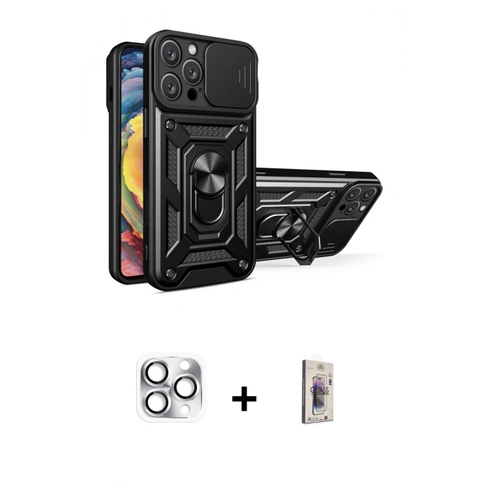 MARSİLYAN™- iPhone 16 Pro Max Kılıf Ahenk Klasik - Siyah Bilvis 3D Cam Ekran Koruyucu + Pers Alüminyum Kamera Lens - GS