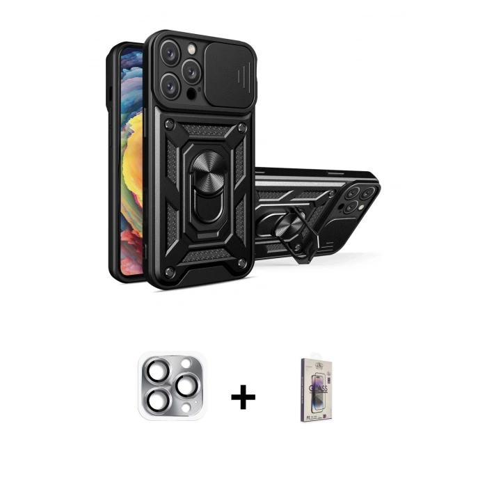 MARSİLYAN™- iPhone 16 Pro Max Kılıf Ahenk Klasik - Siyah Bilvis 3D Cam Ekran Koruyucu + Pers Alüminyum Kamera Lens - GI