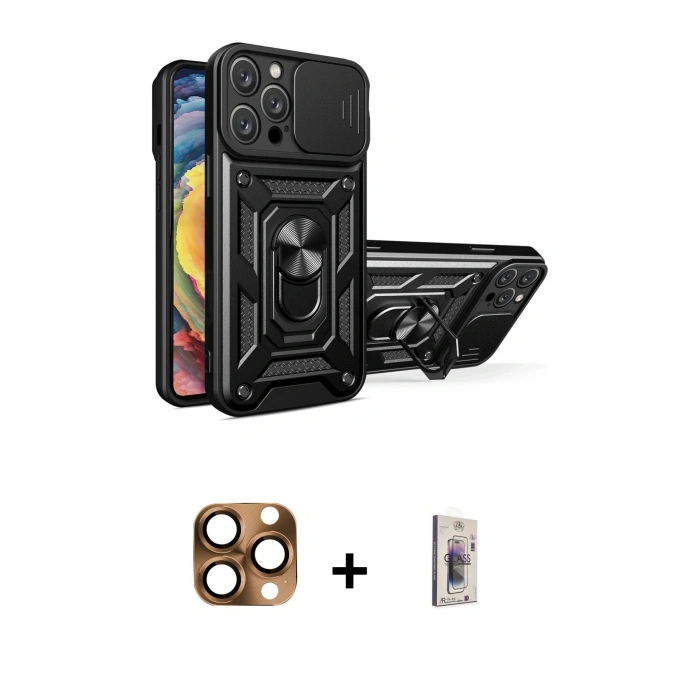 MARSİLYAN™- iPhone 16 Pro Max Kılıf Ahenk Klasik - Siyah Bilvis 3D Cam Ekran Koruyucu + Pers Alüminyum Kamera Lens - CLTM