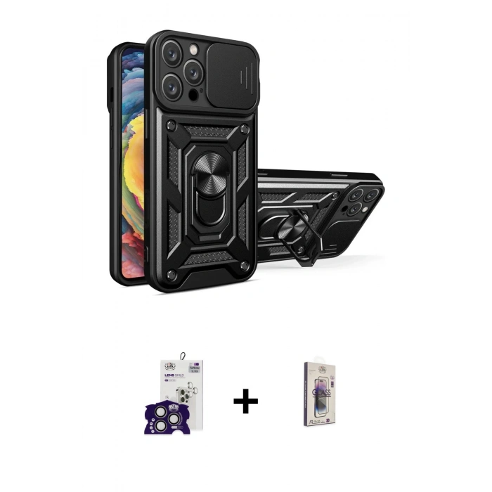 MARSİLYAN™- iPhone 16 Pro Max Kılıf Ahenk Klasik - Siyah Bilvis 3D Cam Ekran Koruyucu + Bilvis Titan Kamera Lens - TMGI
