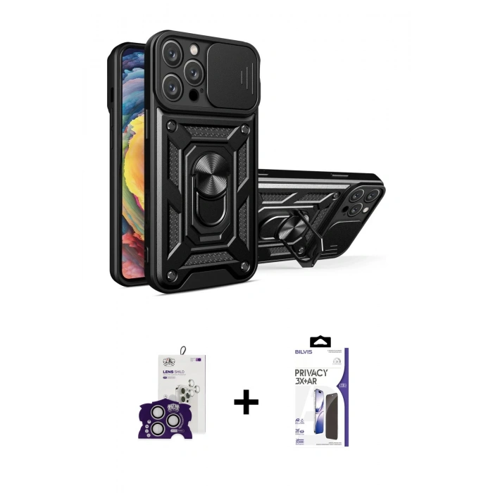 MARSİLYAN™- iPhone 16 Pro Max Kılıf Ahenk Klasik - Siyah Bilvis 3X AR Hayalet Cam Ekran Koruyucu + Bilvis Titan Kamera Lens - GS