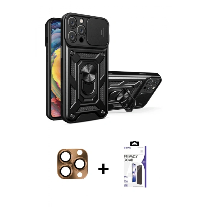 MARSİLYAN™- iPhone 16 Pro Max Kılıf Ahenk Klasik - Siyah Bilvis 3X AR Hayalet Cam Ekran Koruyucu + Pers Alüminyum Kamera Lens - CLTM