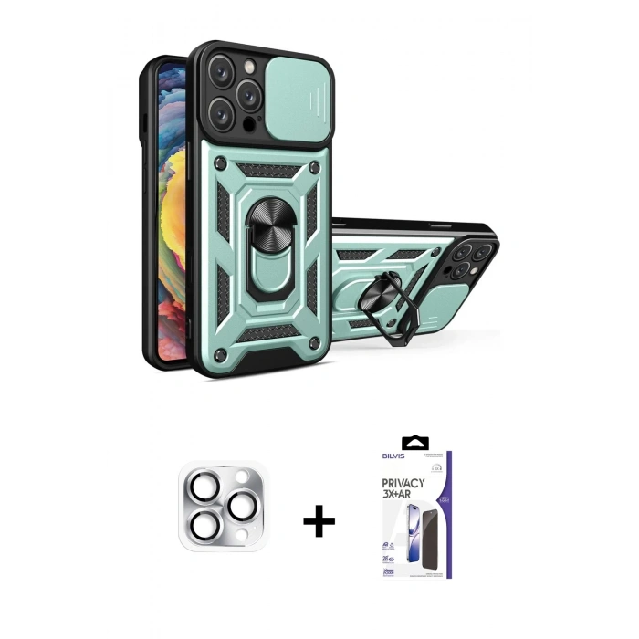 MARSİLYAN™- iPhone 16 Pro Max Kılıf Ahenk Klasik - Siyah Bilvis 3X AR Hayalet Cam Ekran Koruyucu + Pers Alüminyum Kamera Lens - GS