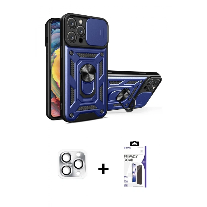 MARSİLYAN™- iPhone 16 Pro Max Kılıf Ahenk Klasik - Siyah Bilvis 3X AR Hayalet Cam Ekran Koruyucu + Pers Alüminyum Kamera Lens - GS