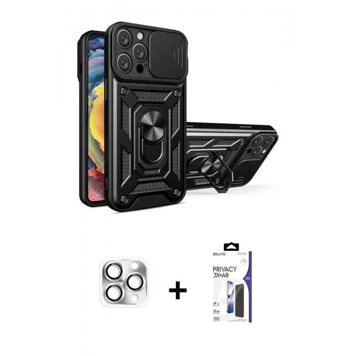 MARSİLYAN™- iPhone 16 Pro Max Kılıf Ahenk Klasik - Siyah Bilvis 3X AR Hayalet Cam Ekran Koruyucu + Pers Alüminyum Kamera Lens - GS