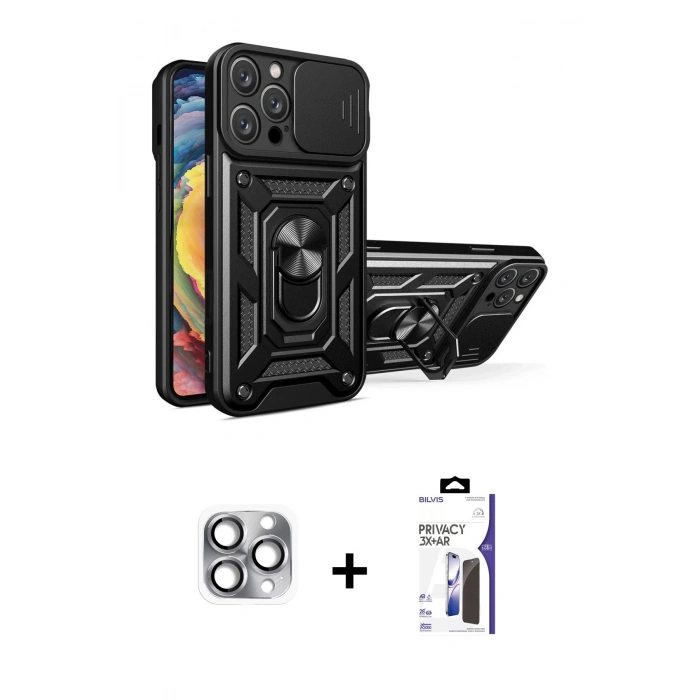 MARSİLYAN™- iPhone 16 Pro Max Kılıf Ahenk Klasik - Siyah Bilvis 3X AR Hayalet Cam Ekran Koruyucu + Pers Alüminyum Kamera Lens - GI