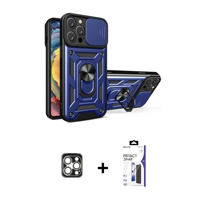 MARSİLYAN™- iPhone 16 Pro Max Kılıf Ahenk Klasik - Siyah Bilvis 3X AR Hayalet Cam Ekran Koruyucu + PVD Metal Kamera Lens - GS