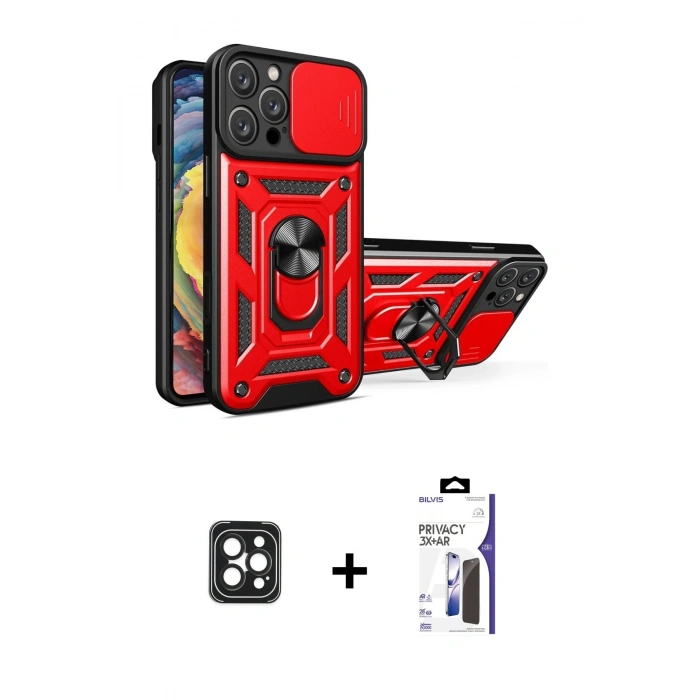 MARSİLYAN™- iPhone 16 Pro Max Kılıf Ahenk Klasik - Siyah Bilvis 3X AR Hayalet Cam Ekran Koruyucu + PVD Metal Kamera Lens - SH