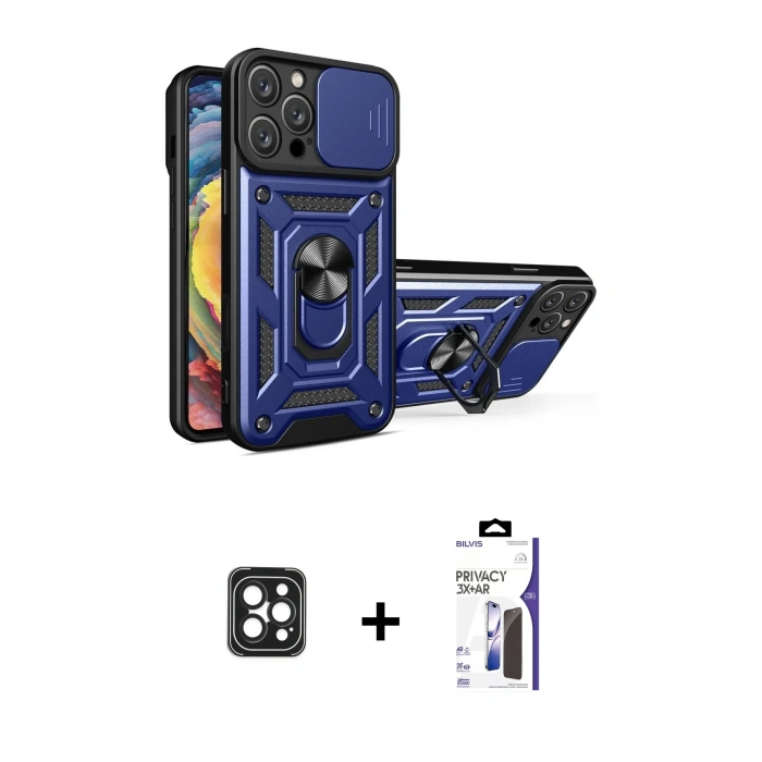 MARSİLYAN™- iPhone 16 Pro Max Kılıf Ahenk Klasik - Siyah Bilvis 3X AR Hayalet Cam Ekran Koruyucu + PVD Metal Kamera Lens - SH