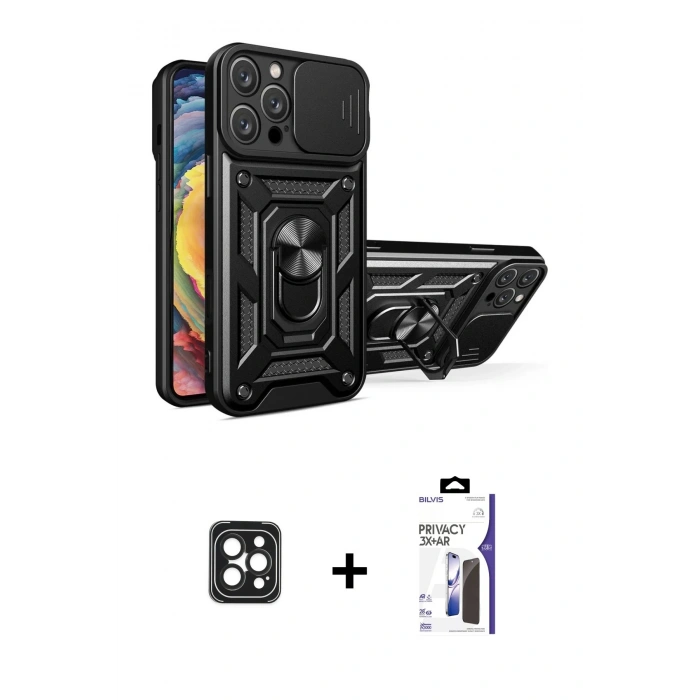 MARSİLYAN™- iPhone 16 Pro Max Kılıf Ahenk Klasik - Siyah Bilvis 3X AR Hayalet Cam Ekran Koruyucu + PVD Metal Kamera Lens - SH