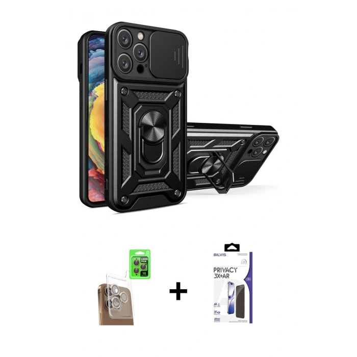 MARSİLYAN™- iPhone 16 Pro Max Kılıf Ahenk Klasik - Siyah Bilvis 3X AR Hayalet Cam Ekran Koruyucu + Raze Metal Kamera Lens - CLTM