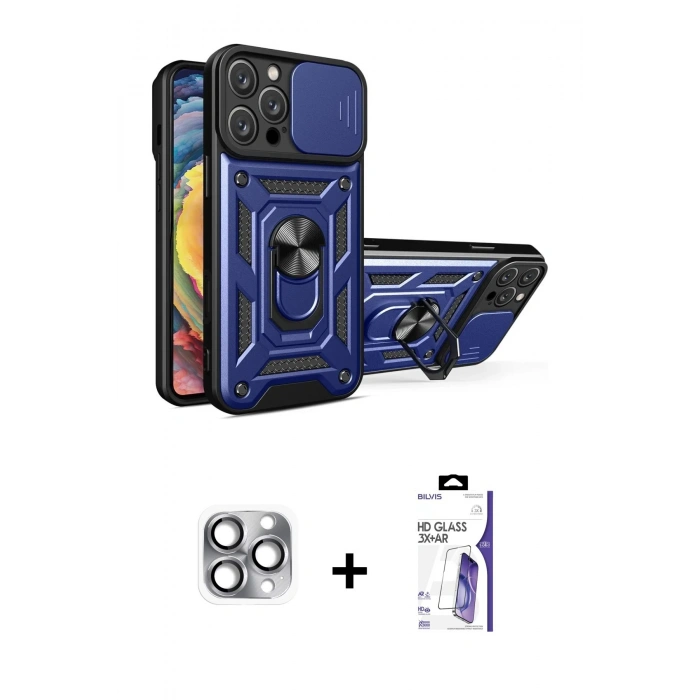 MARSİLYAN™- iPhone 16 Pro Max Kılıf Ahenk Klasik - Siyah Bilvis 3X AR HD Cam Ekran Koruyucu + Pers Alüminyum Kamera Lens - GI