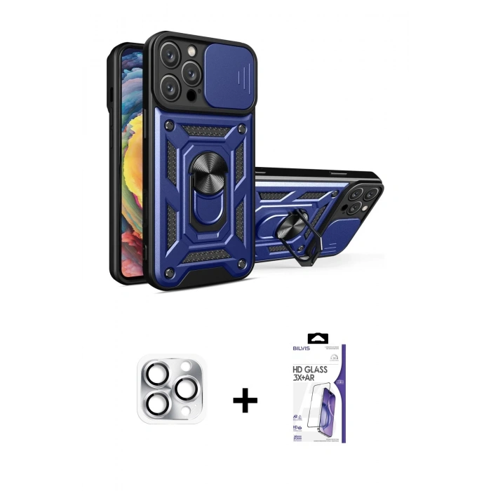 MARSİLYAN™- iPhone 16 Pro Max Kılıf Ahenk Klasik - Siyah Bilvis 3X AR HD Cam Ekran Koruyucu + Pers Alüminyum Kamera Lens - GS