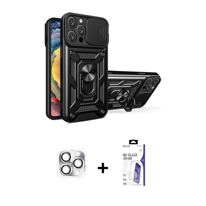 MARSİLYAN™- iPhone 16 Pro Max Kılıf Ahenk Klasik - Siyah Bilvis 3X AR HD Cam Ekran Koruyucu + Pers Alüminyum Kamera Lens - GS