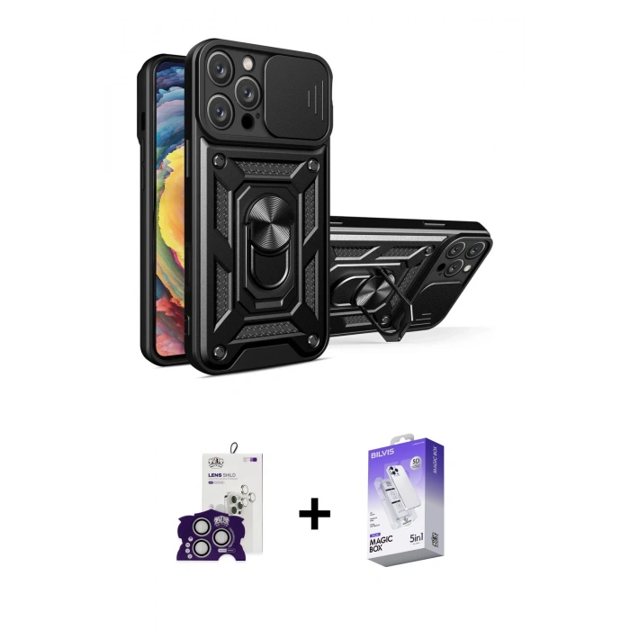 MARSİLYAN™- iPhone 16 Pro Max Kılıf Ahenk Klasik - Siyah Bilvis 5in1 3D Magic Cam Ekran Koruyucu + Bilvis Titan Kamera Lens - GS