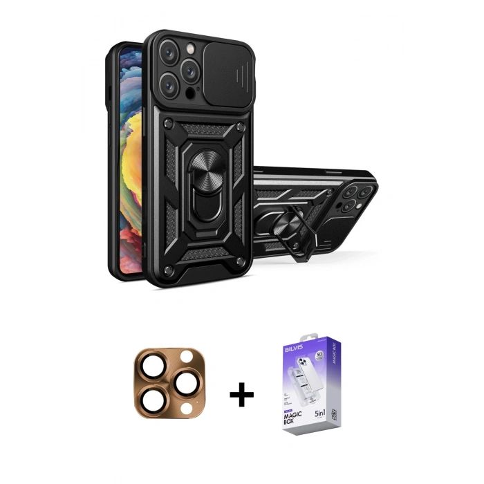 MARSİLYAN™- iPhone 16 Pro Max Kılıf Ahenk Klasik - Siyah Bilvis 5in1 3D Magic Cam Ekran Koruyucu + Pers Alüminyum Kamera Lens - CLTM
