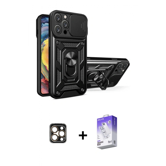 MARSİLYAN™- iPhone 16 Pro Max Kılıf Ahenk Klasik - Siyah Bilvis 5in1 3D Magic Cam Ekran Koruyucu + PVD Metal Kamera Lens - GD