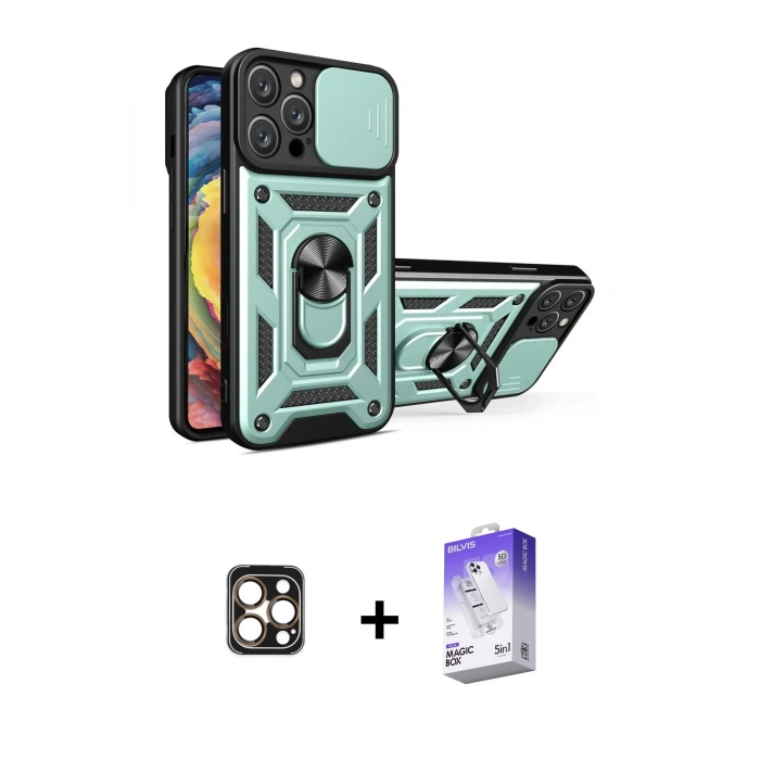 MARSİLYAN™- iPhone 16 Pro Max Kılıf Ahenk Klasik - Siyah Bilvis 5in1 3D Magic Cam Ekran Koruyucu + PVD Metal Kamera Lens - GD