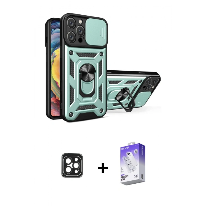 MARSİLYAN™- iPhone 16 Pro Max Kılıf Ahenk Klasik - Siyah Bilvis 5in1 3D Magic Cam Ekran Koruyucu + PVD Metal Kamera Lens - SH