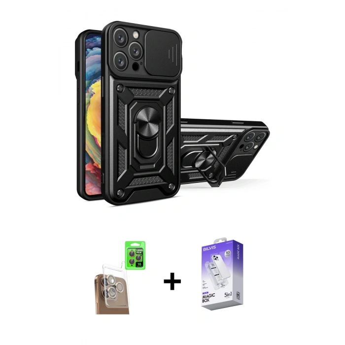 MARSİLYAN™- iPhone 16 Pro Max Kılıf Ahenk Klasik - Siyah Bilvis 5in1 3D Magic Cam Ekran Koruyucu + Raze Metal Kamera Lens - CLTM