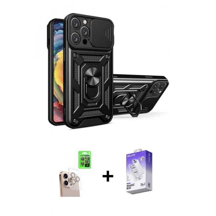 MARSİLYAN™- iPhone 16 Pro Max Kılıf Ahenk Klasik - Siyah Bilvis 5in1 3D Magic Cam Ekran Koruyucu + Raze Metal Kamera Lens - NLGY