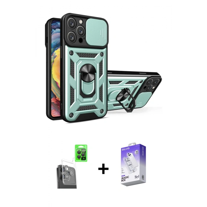 MARSİLYAN™- iPhone 16 Pro Max Kılıf Ahenk Klasik - Siyah Bilvis 5in1 3D Magic Cam Ekran Koruyucu + Raze Metal Kamera Lens - SH