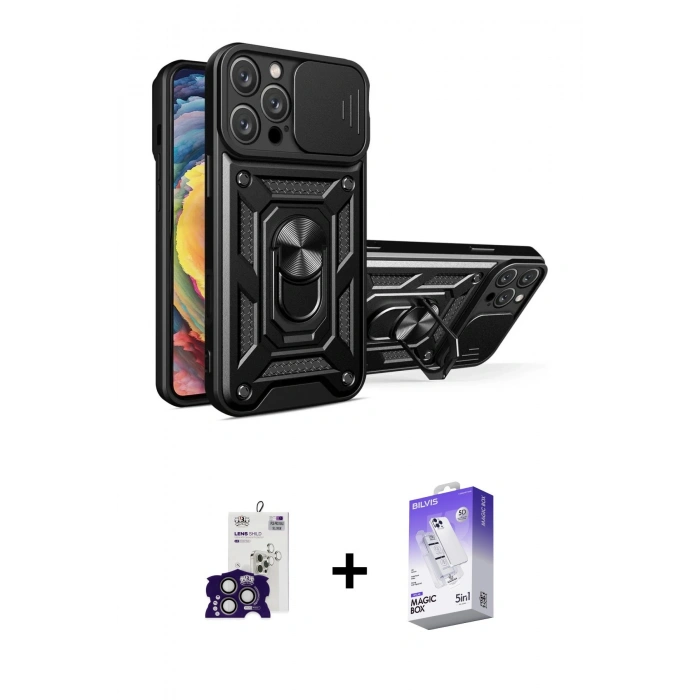 MARSİLYAN™- iPhone 16 Pro Max Kılıf Ahenk Klasik - Siyah Bilvis 5in1 3D Magic Cam Ekran Koruyucu + Titanyum Gri Bilvis Titan Kamera Lens