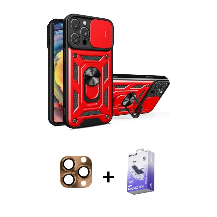 MARSİLYAN™- iPhone 16 Pro Max Kılıf Ahenk Klasik - Siyah Bilvis 5in1 5D Magic Hayalet Cam Ekran Koruyucu + Çöl Titanyum Pers Alüminyum Kamera Lens