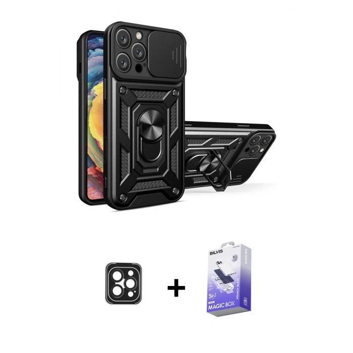 MARSİLYAN™- iPhone 16 Pro Max Kılıf Ahenk Klasik - Siyah Bilvis 5in1 5D Magic Hayalet Cam Ekran Koruyucu + Siyah PVD Metal Kamera Lens