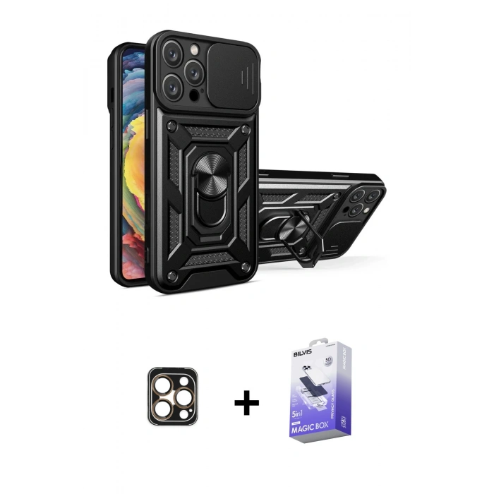 MARSİLYAN™- iPhone 16 Pro Max Kılıf Ahenk Klasik - Siyah Bilvis 5in1 5D Magic Hayalet Cam Ekran Koruyucu + PVD Metal Kamera Lens - GD