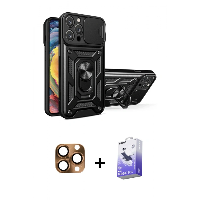 MARSİLYAN™- iPhone 16 Pro Max Kılıf Ahenk Klasik - Siyah Bilvis 5in1 5D Magic Hayalet Cam Ekran Koruyucu + Çöl Titanyum Pers Alüminyum Kamera Lens