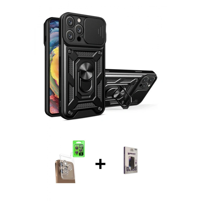 MARSİLYAN™- iPhone 16 Pro Max Kılıf Ahenk Klasik - Siyah Bilvis Hayalet Cam Ekran Koruyucu + Raze Metal Kamera Lens - CLTM