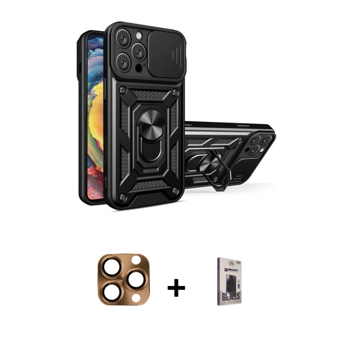 MARSİLYAN™- iPhone 16 Pro Max Kılıf Ahenk Klasik - Siyah Bilvis Hayalet Cam Ekran Koruyucu + Pers Alüminyum Kamera Lens - CLTM