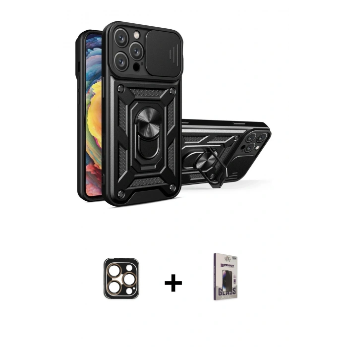 MARSİLYAN™- iPhone 16 Pro Max Kılıf Ahenk Klasik - Siyah Bilvis Hayalet Cam Ekran Koruyucu + PVD Metal Kamera Lens - GD