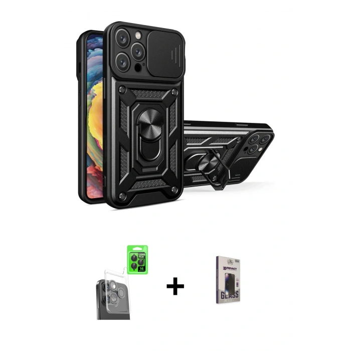 MARSİLYAN™- iPhone 16 Pro Max Kılıf Ahenk Klasik - Siyah Bilvis Hayalet Cam Ekran Koruyucu + Raze Metal Kamera Lens - SH
