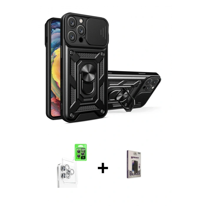 MARSİLYAN™- iPhone 16 Pro Max Kılıf Ahenk Klasik - Siyah Bilvis Hayalet Cam Ekran Koruyucu + Raze Metal Kamera Lens - BZ