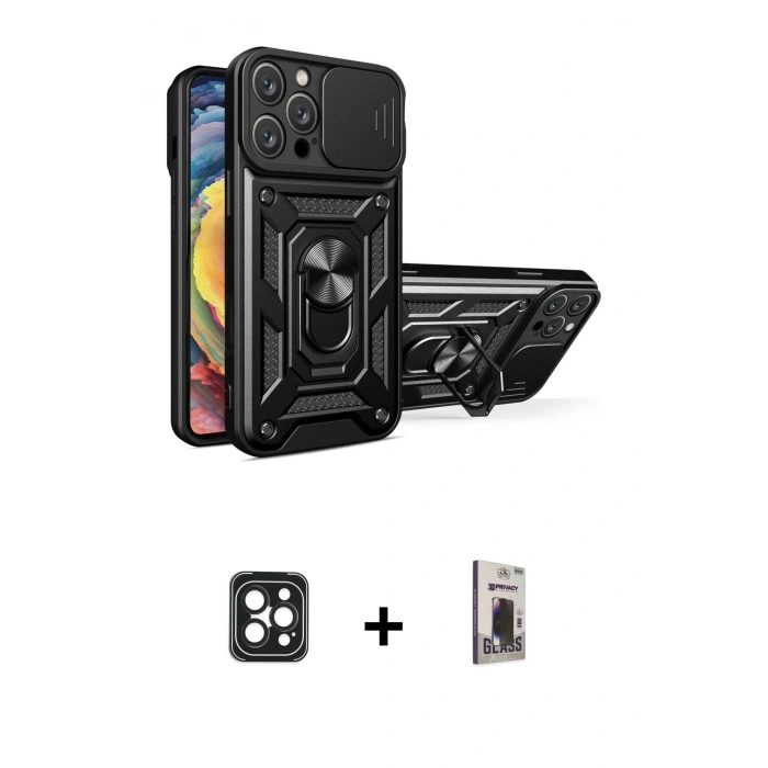 MARSİLYAN™- iPhone 16 Pro Max Kılıf Ahenk Klasik - Siyah Bilvis Hayalet Cam Ekran Koruyucu + PVD Metal Kamera Lens - SH