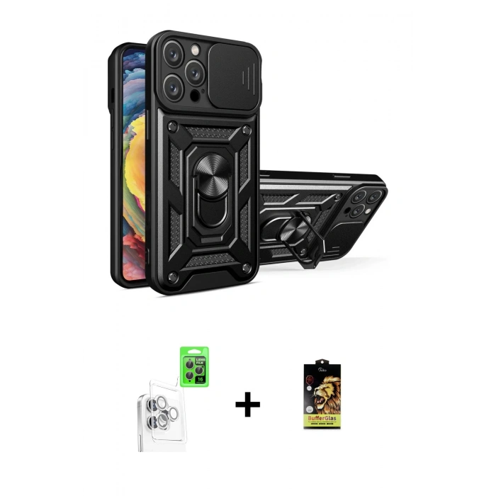 MARSİLYAN™- iPhone 16 Pro Max Kılıf Ahenk Klasik - Siyah Buffer Cam Ekran Koruyucu + Raze Metal Kamera Lens - BZ