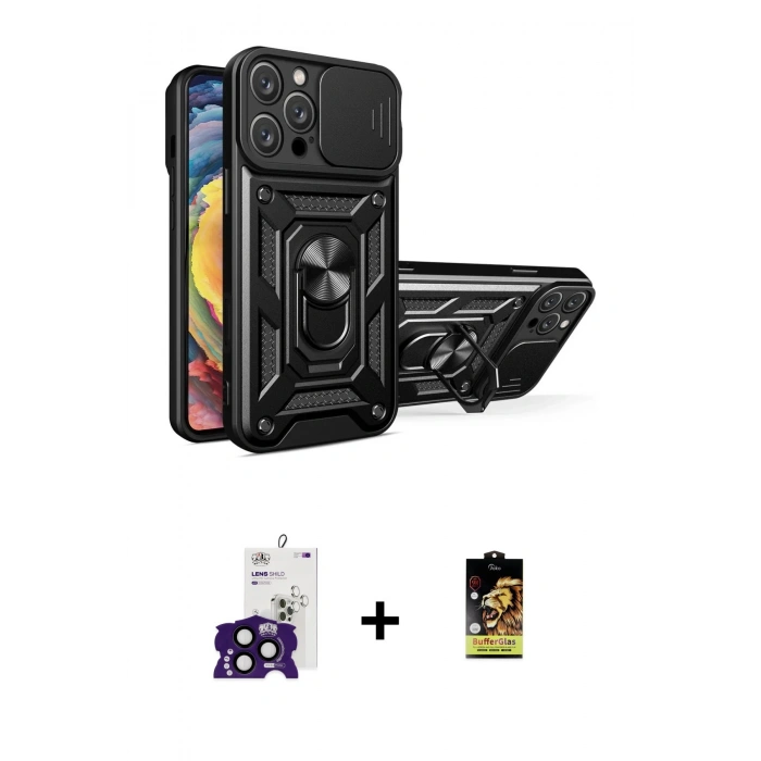 MARSİLYAN™- iPhone 16 Pro Max Kılıf Ahenk Klasik - Siyah Buffer Cam Ekran Koruyucu + Bilvis Titan Kamera Lens - SH