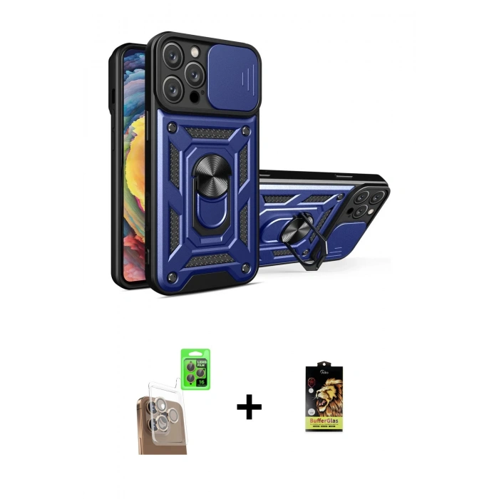 MARSİLYAN™- iPhone 16 Pro Max Kılıf Ahenk Klasik - Siyah Buffer Cam Ekran Koruyucu + Raze Metal Kamera Lens - CLTM