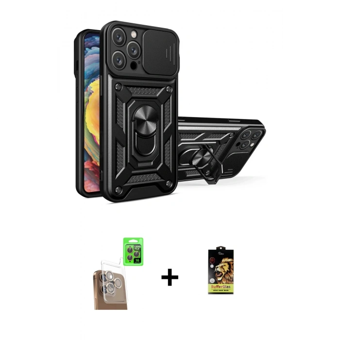 MARSİLYAN™- iPhone 16 Pro Max Kılıf Ahenk Klasik - Siyah Buffer Cam Ekran Koruyucu + Raze Metal Kamera Lens - CLTM