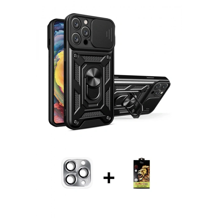 MARSİLYAN™- iPhone 16 Pro Max Kılıf Ahenk Klasik - Siyah Buffer Cam Ekran Koruyucu + Pers Alüminyum Kamera Lens - GI