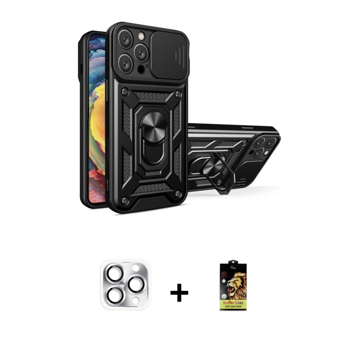 MARSİLYAN™- iPhone 16 Pro Max Kılıf Ahenk Klasik - Siyah Buffer Cam Ekran Koruyucu + Pers Alüminyum Kamera Lens - GS