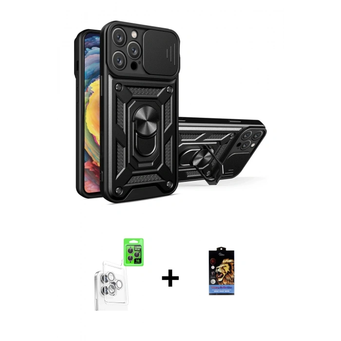 MARSİLYAN™- iPhone 16 Pro Max Kılıf Ahenk Klasik - Siyah Buffer Hayalet Cam Ekran Koruyucu + Raze Metal Kamera Lens - BZ
