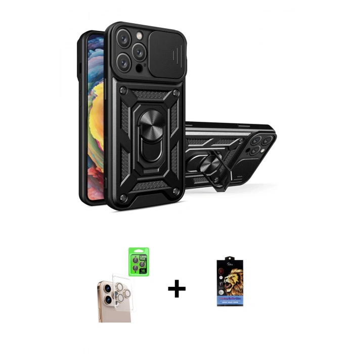 MARSİLYAN™- iPhone 16 Pro Max Kılıf Ahenk Klasik - Siyah Buffer Hayalet Cam Ekran Koruyucu + Raze Metal Kamera Lens - NLGY