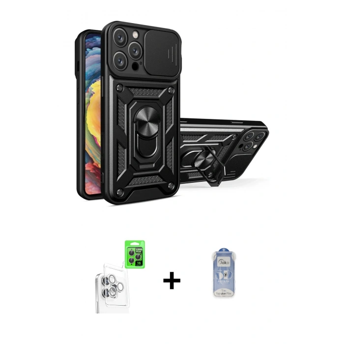 MARSİLYAN™- iPhone 16 Pro Max Kılıf Ahenk Klasik - Siyah Joko Magic 5D Cam + Raze Metal Kamera Lens - BZ
